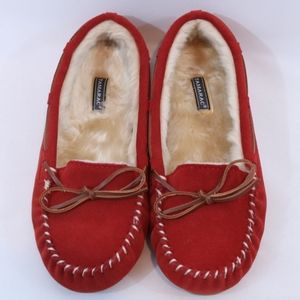 Tamarac Red Suede Faux Fur Moccasin Slipper Flats